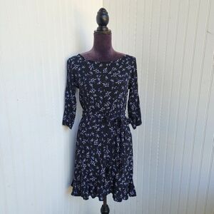 Gap Black Blue Floral Print Faux Wrap 3/4 Sleeve Ladies Dress Ruffle Petite XS